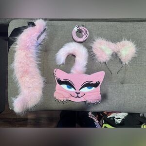 Dolls Kill Pink Cat Crossbody Bag with foxy fantasy ear and tail set
